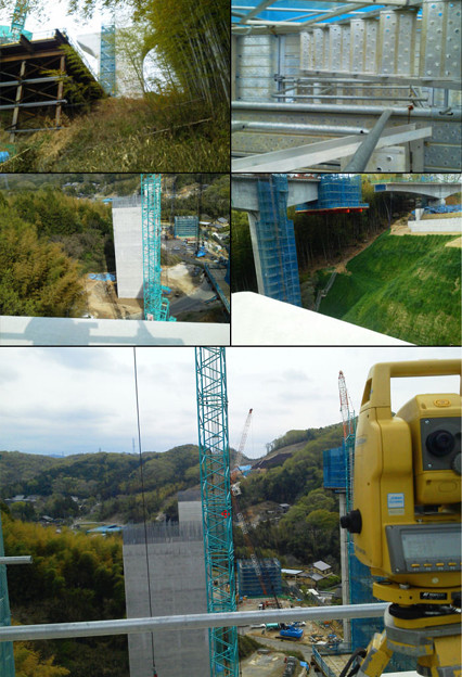 本日はトラバー点検測量。 始点がなんと巴川右岸にあるピアの上。安全帯身に付け道具担いで足場を登る… 絶景の中、クレーンの隙間狙って川向うのターゲットを捉えた！ 数年後には頭上に新〇名高速上り線の車が走る
